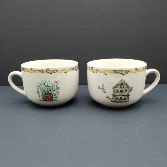 Thomson Pottery Birdhouse Soup Mugs Oversized Coffee Mugs Birds Flowers Leaves - Picture 1 of 7